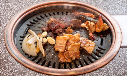 Olle Korean BBQ, 88 Shaftesbury Avenue, Central London, for Jay Rayner’s restaurant review, OM, 14/01/2019. Sophia Evans for The Observer Olle section B of meats and prawns for BBQ