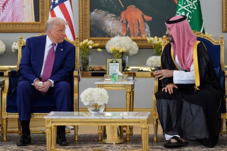 President Donald Trump speaks with Saudi Crown Prince Mohammed bin Salman.