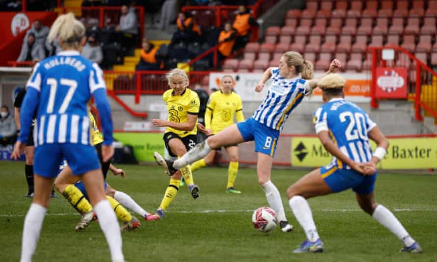 Pernille Harder shoots at goal during Chelsea's January 2022 WSL game against Brighton.