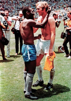 Brazil’s Pele (left) and England’s Bobby Moore exchange shirts after the match.