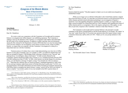 Letter from members of Congress to Peter Mandelson