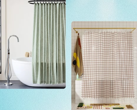 West Elm Swirl Shower Curtain in green; Quiet Town Sun Shower 2x2 in Chocolate
