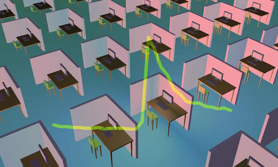 Empty cubicles, with trace of unemployment rate graph overlaid.