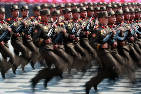 Soldiers march during a parade for the Day of the Sun festival on Kim Il-sung Square in Pyongyang, North Korea, in April