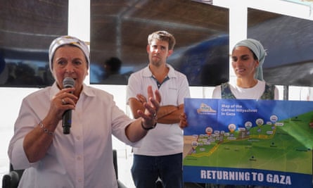 Daniella Weiss, founder of Nachala, speaks during a conference on the resettlement of the Gaza Strip