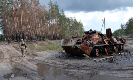 A destroyed Russian BTR -80 just outside the Ukrainian city of Lyman which was retaken from Russia forces on Friday.