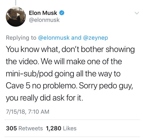 A screen grab of a tweet sent by Elon Musk and subsequently deleted.