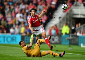 Boro’s George Friend is fouled by Tottenham’s Kyle Walker as Spurs claimed all three points with a 2-1 away win, thanks to a double from Son Heung-min, who in the process equalled his Premier League goal tally of four goals from last season