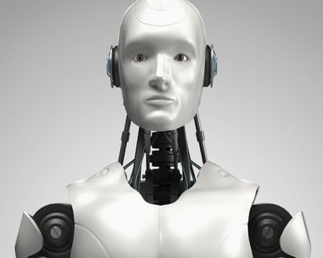 A male android standing against a gray backdrop.