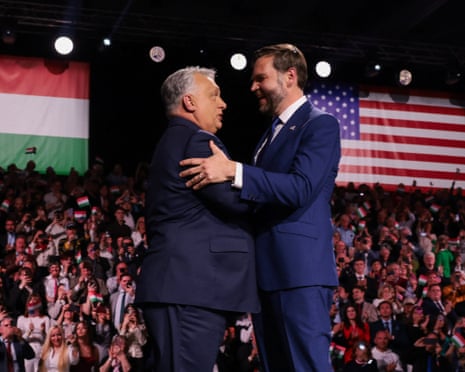 US vice-president JD Vance (R) and Hungarian prime minister Viktor Orbán shake hands at a pre-election event at MTK Sportpark in Budapest, Hungary.