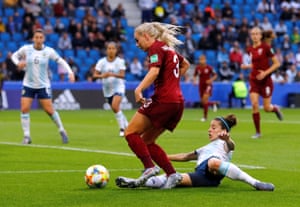 Alex Greenwood is fouled by Argentina’s Ruth Bravo in the box.