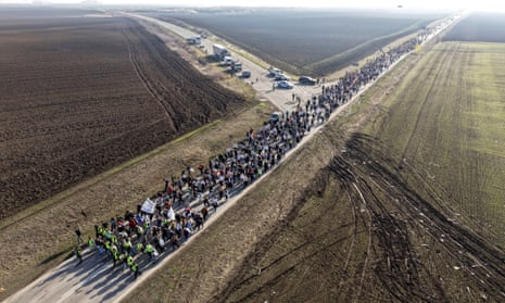 Students march through the fields in northern Serbia.