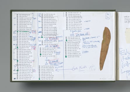 Carey’s notebook shows the author mapping out the chapters in True History of the Kelly Gang.