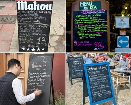 A grid of four chalkboard signs displaying daily menu offerings outside restaurants