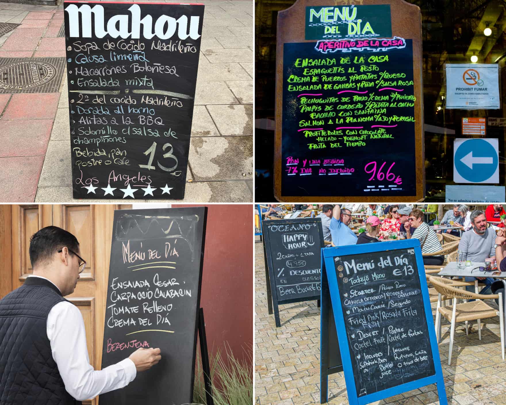 A grid of four chalkboard signs displaying daily menu offerings outside restaurants