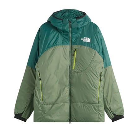 A two-tone green The North Face padded jacket