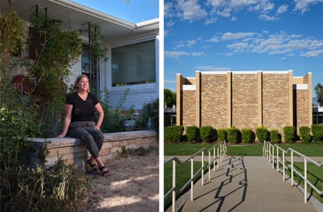 Left: Woman sitting in front of her home. Right: Brick structure behind a green lawn