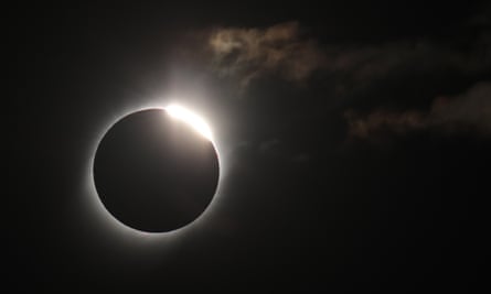 The moon covers much of the sun during the total solar eclipse, in Merlo, San Luis, Argentina.