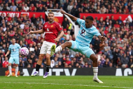 Lyle Foster scores Burnley’s first against Manchester United at Old Trafford in August.