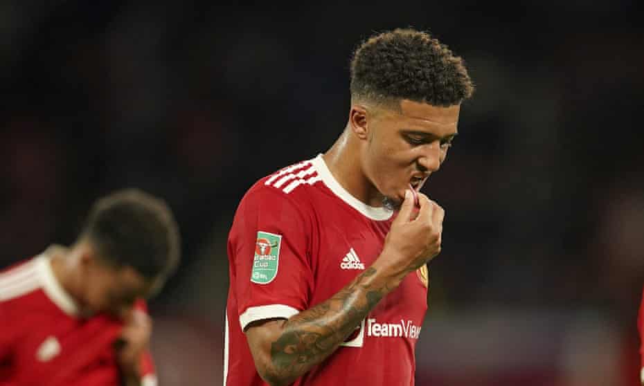 Jadon Sancho looks thoughtful at half-time in Manchester United's EFL Cup match against West Ham