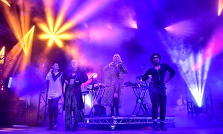 Grimes, second from right, performing with Hana, far left, at Glastonbury 2016.