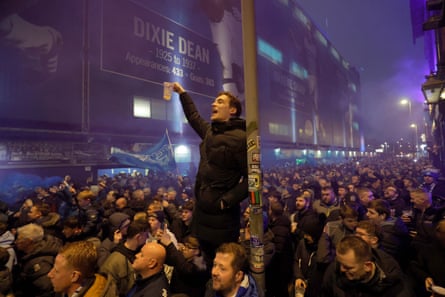 Fans roar their support for Everton as they descend on Goodison Park for the stadium’s final derby.