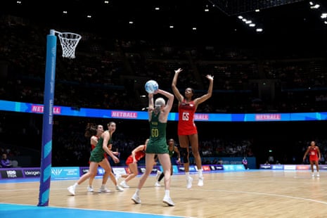 Olivia Tchine of England attempts to block a pass from Sanmarie Louise Visser of South Africa.