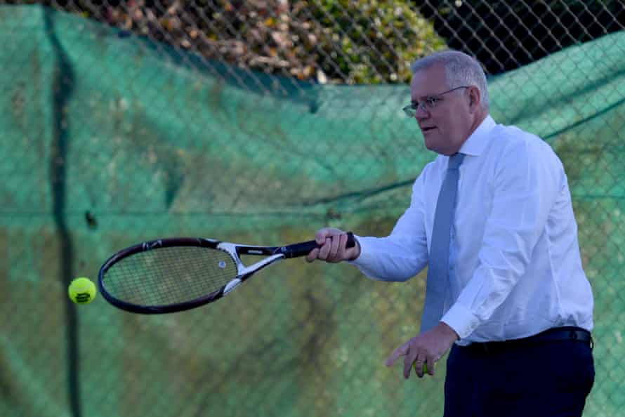 Prime minister Scott Morrison at the Whitemore Tennis Club, 25km south west of Launceston, in Tasmania.
