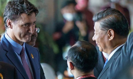 Canada's prime minister, Justin Trudeau, speaks with President Xi Jinping of China at the G20 leaders' summit in Bali, Indonesia.