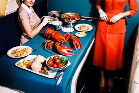 AI image of a stewardess on a 1950s aircraft next to a table of food including a large lobster