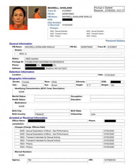 A police booking intake form for Ghislaine Maxwell