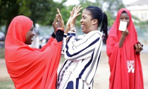 Bring Back Our Girls campaigners celebrate the release of the kidnapped Chibok schoolgirls an Abuja, Nigeria