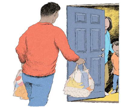 A smiling mother and child stand at a front door as man with groceries approaches.