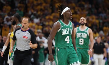 Celtics guard Jrue Holiday (4) celebrates near the end of Saturday’s Game 3 of the Eastern Conference finals against the Pacers in Indianapolis.