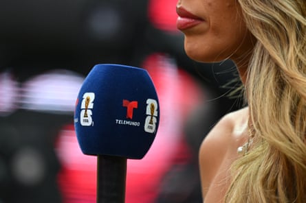 A TV reporter from Telemundo works at the Switzerland v Bosnia and Herzegovina World Cup game