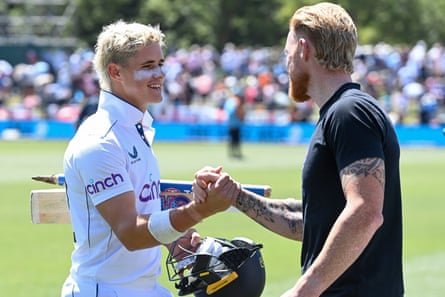 Jacob Bethell (left) is congratulated by Ben Stokes after England’s Test win against New Zealand.