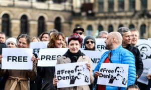 Protesters hold banners reading ‘Free Deniz’ at a demonstration to show solidarity with German-Turkish Die Welt correspondent Deniz Yücel, in Dresden, Germany. Yucel is being held by Turkish police on charges of spreading propaganda.