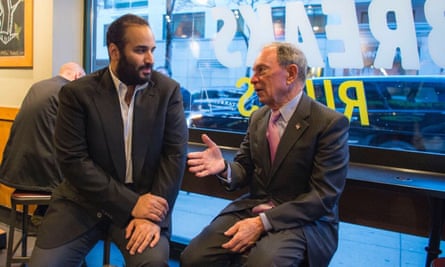Crown Prince Mohammed bin Salman meets the former New York mayor Michael Bloomberg at a coffee shop in New York.