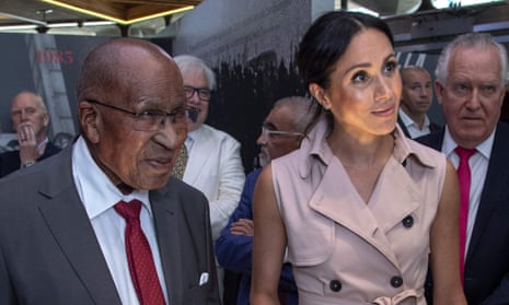 Andrew Mlangeni with Meghan Markle during their visit to the Nelson Mandela centenary exhibition on Tuesday