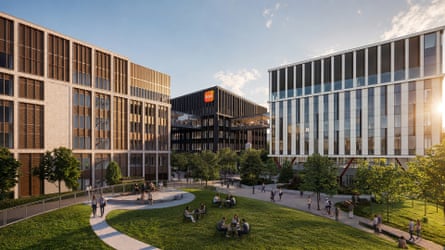 a CGI illustration shows blocks of modern buildings arranged around a green space where people are sitting and walking.