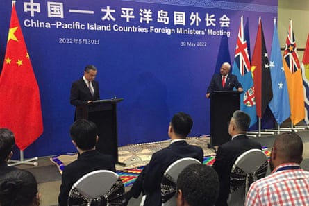 FIJI-CHINA-DIPLOMACYVisiting Chinese Foreign Minister Wang Yi (L) and Fijian Prime Minister Frank Bainimarama attend a joint press conference in Fiji’s capital city Suva. (Photo by Leon LORD / AFP) (Photo by LEON LORD/AFP via Getty Images)