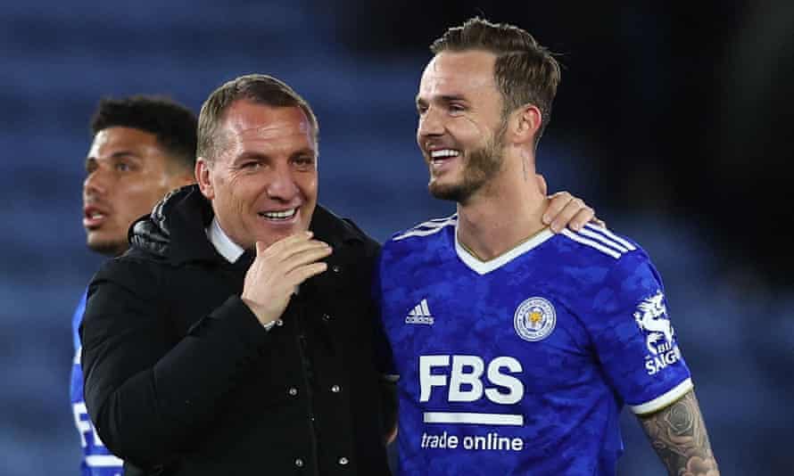 James Maddison with Brendan Rodgers at the end of the game