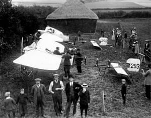 1913: Curious onlookers watching as mechanics work on two Bleriot XI aircraft at Wantage