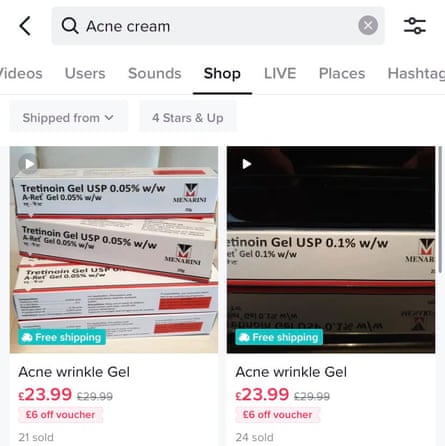 Prescription-only acne creams advertised on TikTok last week.