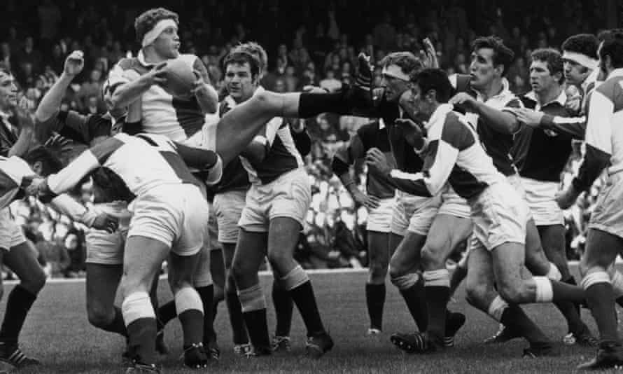 Mike Davis, with the ball, taking part in a centenary match, England and Wales v Ireland and Scotland, 1970.
