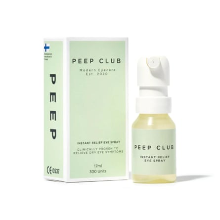 A bottle and its packaging box of Peep Club Instant Relief Eye Spray