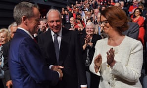 Bill Shorten with former prime ministers Paul Keating and Julia Gillard at a Labor campaign launch.