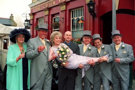 Tony Caunter, far right, on the set of EastEnders in 1999, with, from left, Pam St Clement, Mike Reid, Barbara Windsor, Ross Kemp, Steve McFadden and Shaun Williamson.