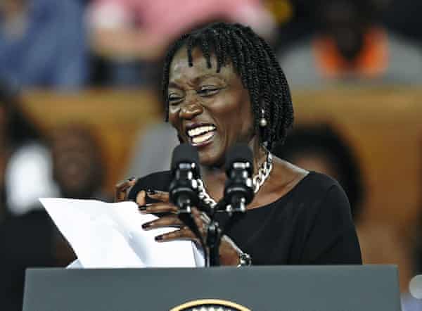 Obama’s sister Auma introduces him at the Moi international sports centre in Nairobi.