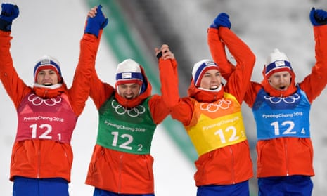 Norway’s ski-jumpers celebrate a team gold medal.